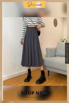 Vintage Pleated Midi Skirt Fashion High Waist Gothic Skirt Women Spring Casual Korean A-line Elastic Solid All-match Skirt New Casual A-line Pleated Skirt For Winter, Casual A-line Pleated Maxi Skirt, Casual A-line Pleated Skirt For Fall, Gray Long Pleated Skirt, Gray Pleated Long Skirt, Long Gray Pleated Skirt, Casual Pleated Flared Skirt, Non-stretch Midi Pleated Skirt, Gray Lined Midi Skirt