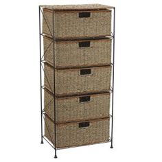 four baskets are stacked on top of each other in this storage unit with metal legs