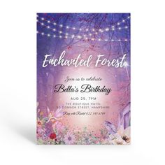 a purple birthday party with fairy lights and flowers on the outside, in front of a forest