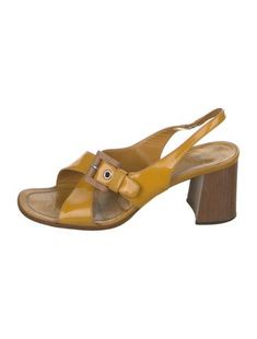 Prada Patent Leather Slingback SandalsYellowLeather TrimCrossover Straps & Buckle Closure At UppersDesigner Fit: Sandals by Prada typically run a half size small. Slingback Sandal, Patent Leather, Women's Shoes Sandals, Shoes Sandals, Prada, Buckle, Running, Sandals, Women Shoes