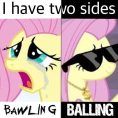 an image of two sides of a pinkie pie with the caption saying i have two sides bowling