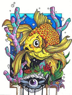 a drawing of a goldfish in an aquarium with corals and other marine life