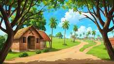 a painting of a dirt road leading to a small hut in the middle of palm trees