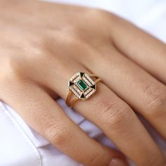 Mekong Ring, 14K Solid Gold Ring Baguette Cut Ring, Green Gemstone Ring, Zircon Gemstone, Jewelry Delicate, Baguette Ring, Minimalist Gifts, Gold Ring Stack, Minimal Jewelry, Solid Gold Rings