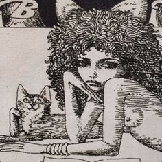 a drawing of a woman sitting at a table with a cat in front of her