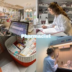 two women in white lab coats working at desks and shelves with pharmacy supplies on them