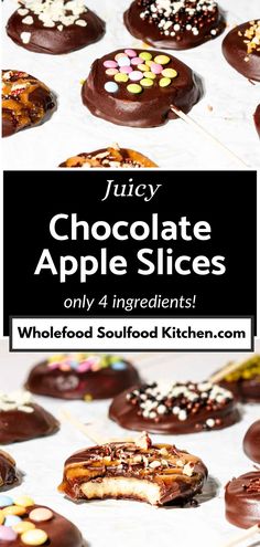 chocolate apple slices on a white table with text overlay that reads juicy chocolate apple slices only 4 ingredients