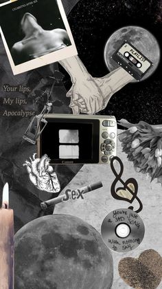 an artistic collage with various items including a camera, tape recorder and other things