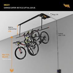 Garage Gator  Bike Lift Motorized GG8220 overhead storage 220LBs Diy Overhead Garage Storage, Bicycle Storage Rack, Garage Ceiling Storage, Bike Storage Garage, Bike Lift, Overhead Garage Storage, Garage Bike, Motorised Bike, Overhead Garage