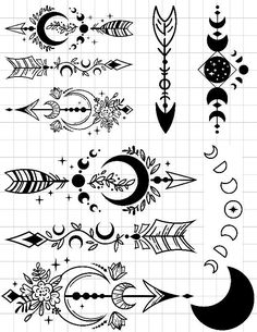 an arrow, moon and stars tattoo design on a sheet of paper with black ink