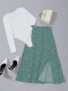 A Line Skirt Outfits, Lime Green Skirt, Square Neck Bodysuit, Women Street