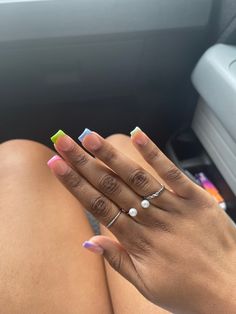 Coloured French Nails Tips Acrylic, Multi Color Nail Ideas, Colorful French Tip Nails Square, Rainbow Short Nails, Multicolor French Tip Nails, French Tips Color, 2 Color Nail Ideas, Rainbow French Tip Nails