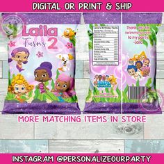 two bags of candy sitting next to each other on a wooden surface with the words,'digital or print & ship more matching items in store