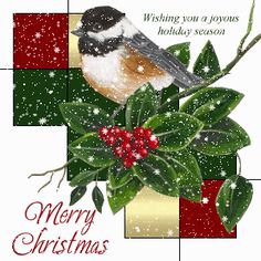 a christmas card with a bird and holly