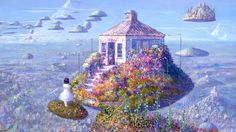 a painting of a house on top of a hill with flowers growing out of it