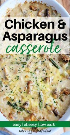 chicken and asparagus casserole with text overlay