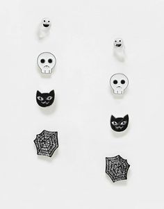 Accessories by ASOS DESIGN Spooky season win Pack of four Stud style Halloween designs Smooth finish Bullet clutch back Product is non-returnable for hygiene reasons Halloween Motive, Badge Making, Sacs Tote Bags, Creative Genius, Leopard Print Baby, Stud Style, Halloween Designs, Reclaimed Vintage, Neck Chain