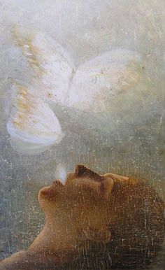 a painting of a woman with wings flying above her head in the rain, looking up at something white