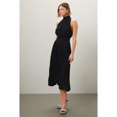 Black crepe (100% Polyester). A-line. Sleeveless. Mock neck. Back button closure. 46.5" from shoulder to hemline. Imported. Chic Sleeveless High Neck Dress For Work, Chic High Neck Sleeveless Dress For Work, Chic Sleeveless Midi Length Pleated Dress, Chic Sleeveless Dress With Pleated Hem, Chic Sleeveless Midi Dress With Pleats, Sleeveless Midi Dress With Pleated Hem For Cocktail, High Neck Sleeveless Dress For Spring Formal, Sleeveless Cocktail Midi Dress With Pleated Hem, Black Sleeveless Dress With Pleated Hem