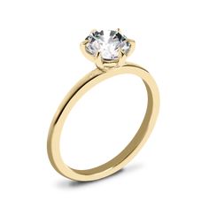 a yellow gold engagement ring with a single diamond on the top and bottom, against a white background