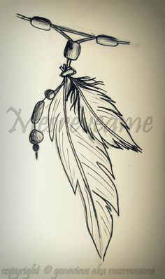 a drawing of a feather and spoons hanging from a hook