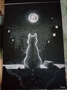 a black and white drawing of a cat looking at the moon