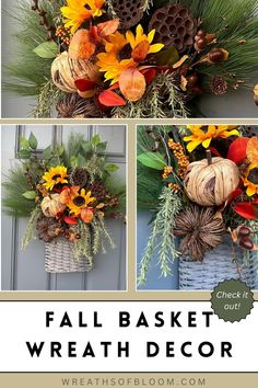 fall basket wreath with pine cones and sunflowers