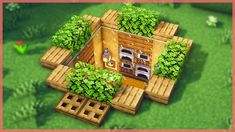 an aerial view of a small wooden house with plants growing on the roof and walls