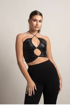 Black Crop Top - Leather Ruched Crop Top - Halter Crop Top High Waisted Black Pants, Leather Halter Top, Leather Halter, Halter Crop Top, Formal Outfit, Black Crop Tops, Girls Night Out, Girls Night, Halter Top