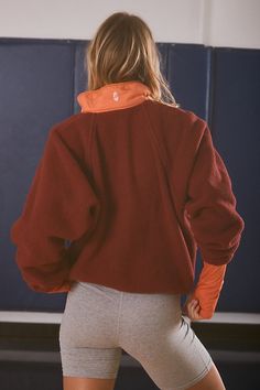 The coolest new take on our best-selling zip-up jacket, this pullover is the most effortless essential for any activity featured in a soft fleece fabrication with quarter button-closure detail and contrast bust pocket with color-blocked detailing for a fun touch.The Fit: Easy, slouchy silhouette that hits right at the waistThe Feel: Fuzzy fleece, warm with room to layer underneathThe Features: Nylon patches; zipper pockets; quarter-button closure, elastic cuffsBest For: Layering on and off durin Fall Color Block Track Jacket With Long Sleeves, Color Block Long Sleeve Track Jacket For Fall, Fall Color Block Long Sleeve Track Jacket, Sporty Fleece Outerwear With Color Block, Sporty Fleece Jacket For Layering, Sporty Half-zip Fleece Jacket For Fall, Sporty Cozy Fit Long Sleeve Fleece Jacket, Sporty Half-zip Fleece Jacket, Athleisure Long Sleeve Color Block Track Jacket