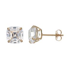 Adorned with radiant asscher-cut cubic zirconia gemstones, these 14k gold stud earrings offer scintillating shine.EARRING DETAILS Length: 7 mm Backings: post Metal: 14k gold CUBIC ZIRCONIA DETAILS Total weight: 5 ct. Shape: asscher cut Setting: prong Made with Swarovski Cubic Zirconia Size: One Size. Color: White. Gender: female. Age Group: adult. Formal Gold Jewelry With Asscher Cut, Gold Asscher Cut Diamond Earrings, Yellow Gold Asscher Cut Earrings Fine Jewelry, Yellow Gold Asscher Cut Fine Jewelry Earrings, Gold Octagon Diamond Cut Earrings, Asscher Cut Cubic Zirconia Diamond Earrings With Prong Setting, Octagon Earrings With Diamond Accents As Gift, Gold Asscher Cut Earrings Fine Jewelry, Octagon Diamond Cut Earrings For Gift