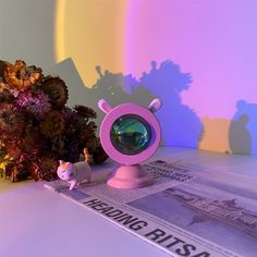 a small pink object sitting on top of a table next to a plant and newspaper