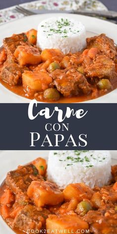 two plates filled with stew and rice on top of each other, the words carne con paas above them