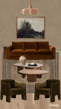 a living room with couches, chairs and a painting on the wall above them