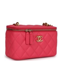 This Small Vanity Case is in Hot Pink Quilted Caviar with Brushed Gold Hardware, features a box like design, zipper closure, CC on front of vanity bag, long brushed gold adjustable shoulder/crossbody strap with a CC heart push stopper, CC stitched into the leather on bottom of vanity bag.The Interior is lined in a pink leather and has built-in mirror, three card slots, and one lipstick compartment. Collection: 23P (RFID)Origin: ItalyCondition: NewAccompanied by: Chanel Box, dustbag, carebook, an Mini Vanity, Brushed Gold Hardware, Chanel Box, Small Vanity, Vanity Bag, Chanel Mini, Vanity Case, Hermes Bags, Pink Leather