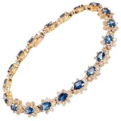 14.07 Carat Blue Sapphire Diamond Yellow Gold Bracelet For Sale at 1stDibs Diamond Jewerly, Halo Bracelet, Gold Pearl Bracelet, Blue Sapphire Necklace, Diamond Tiara, Modern Bracelets, Bracelet Simple, Big Diamond, Blue Sapphire Diamond