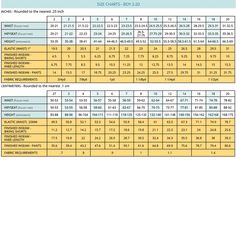 the size chart for each item in this table is shown with different numbers and colors