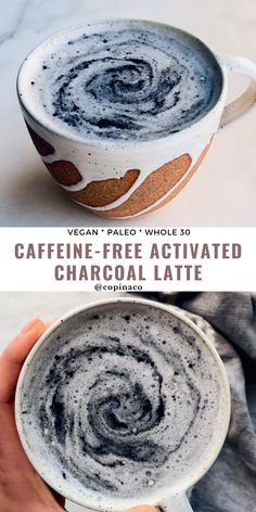 two images showing different types of coffee and the words caffe - free activated charcoal latte