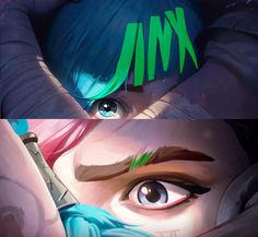 two different images of the same woman's face with green hair and blue eyes