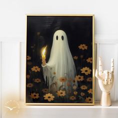 a painting of a ghost holding a lit candle in front of some flowers and plants