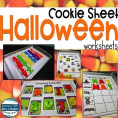 halloween worksheets for children to practice counting and matching letters with candy corn in the background