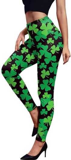 St Patrick's Day Women's Cute Clover Pants Paddys Pattys Shamrock Irish Legging Black Shamrock Clover M at Amazon Women’s Clothing store St Patricks Day Clothing, Irish Pattern, Irish Clothing, Green Shamrock, Irish Shamrock, Halter Jumpsuit, Special Clothes, Legging Fits, Sweatshirt Zipper