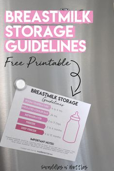 a stainless steel refrigerator with instructions for breast milk storage and free printables on it