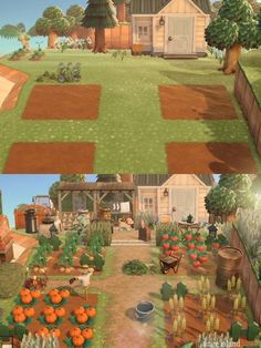 an animated farm scene is shown in two separate screens, one showing the vegetable garden and the other shows what it's supposed to look like