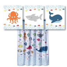 three children's shower curtains with animals and fish on them