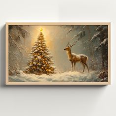 a painting of a deer standing in front of a christmas tree with lights on it