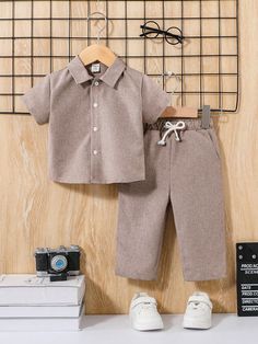 Baby Boy/Girl Solid Color Turn-Down Collar Short Sleeve Shirt+Footed Pants Set Apricot   Short Sleeve Woven Fabric Plain  Non-Stretch  Baby Boys Clothing, size features are:Bust: ,Length: ,Sleeve Length: Spring Solid Color Collared Sets, Breast Tape Lift, Slim Fit Top, Boys Set, Boys Clothing, Boy Girl, Collar Shirts, Baby Boy Outfits