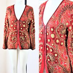 "Stunning ...heavily beaded..with gold and beads throughout...this is soo heavy and oh so beautiful!! Excellent for anytime of year. Are you a red person? This is a great jacket to put against a black dress..or simple outfit..to dress it up and make it formal!! Excellent condition! Measuring: 25\" length Width: 40\" Sleeves: 23\" Pet Free/smoke free Enjoy!" Fall Festive Outerwear With Gold Embroidery, Festive Fall Outerwear With Gold Embroidery, Embellished Red Outerwear For Fall, Red Embellished Outerwear For Fall, Fitted Red Outerwear For Festival, Winter Party Outerwear With Gold Embroidery, Festive Bohemian Embellished Outerwear, Elegant Festival Outerwear For Party, Elegant Outerwear For Parties And Festivals