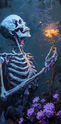 a painting of a skeleton holding a flower