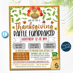 a thanksgiving raffle fundraiser flyer with a turkey on the front and dollar bills in the back